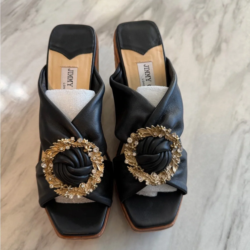 Jimmy Choo Nevara90 Womens Embellished Rhinestone Leather Wedge Black Sandals 38